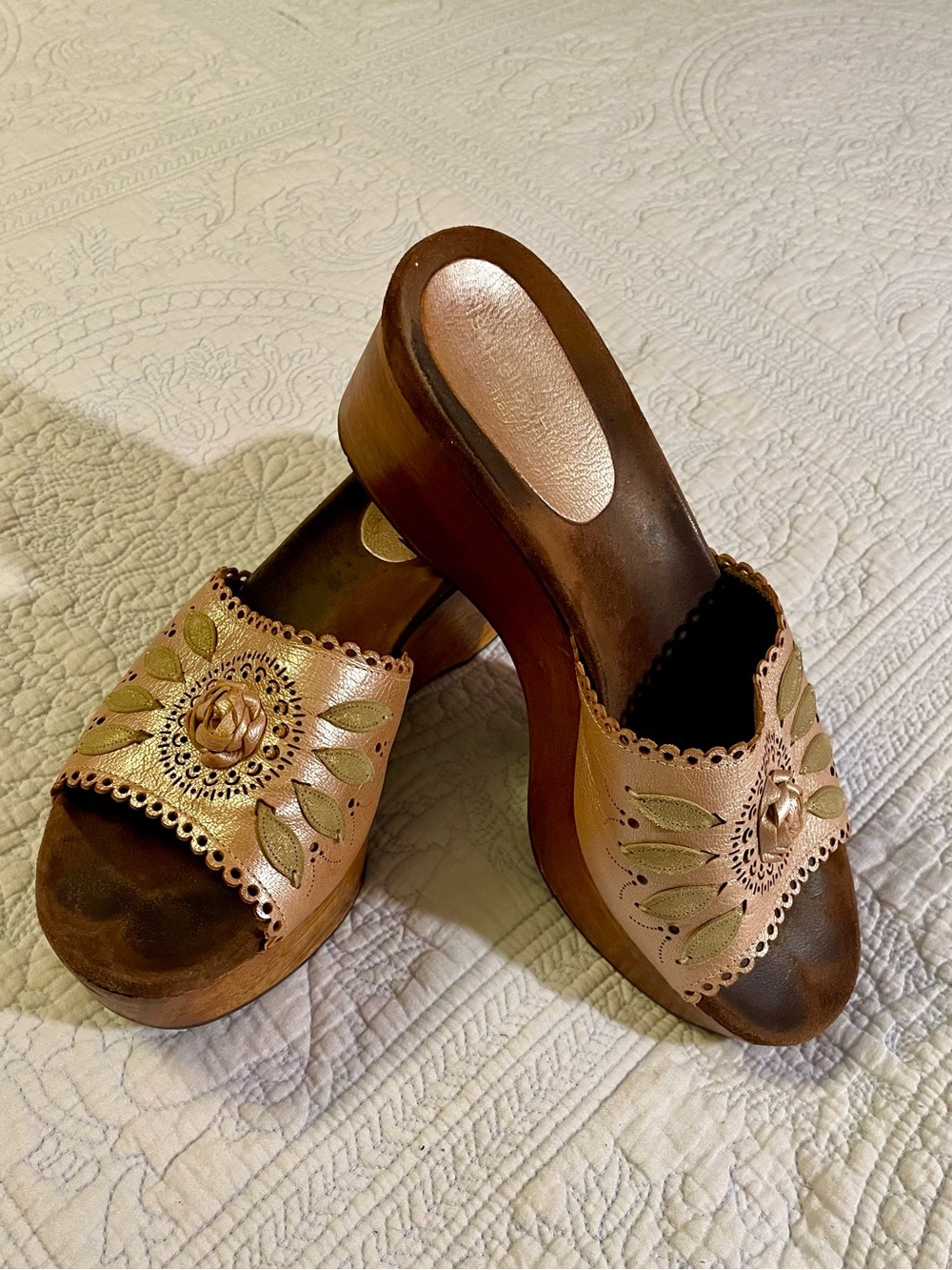 Womens Leather Embellished Platform Mules